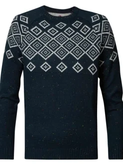 Pull marine moucheté à motifs losanges blancs avec coupe droite et col rond