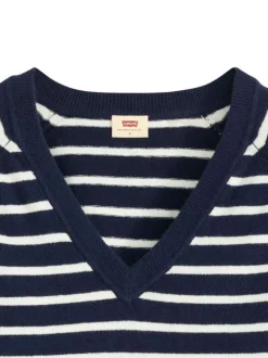 Pull marine rayé avec un col v côtelé et des manches longues