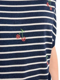 Pull marine à rayures pourvu d'un col rond et de manches courtes