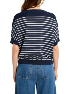 Pull marine à rayures pourvu d'un col rond et de manches courtes