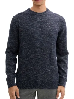 Pull marine uni avec une coupe droite, col rond et à manches longues