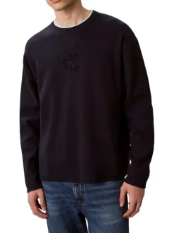 Pull marine uni coupe ajustée col rond avec des manches longues
