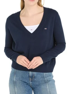 Pull marine uni coupe droite avec un col v et des manches longues