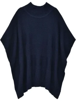 Pull marine uni style poncho avec une coupe ample et col montant