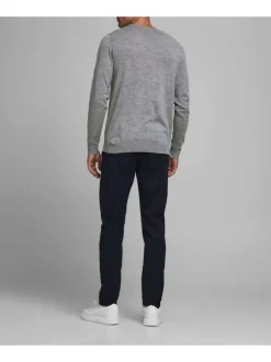 Pull MARK gris en laine merinos unie coupe droite col rond