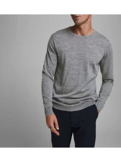 Pull MARK gris en laine merinos unie coupe droite col rond