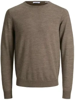 Pull MARK taupe en laine merinos unie coupe droite col rond
