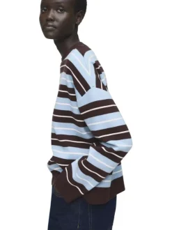 Pull marron et bleu rayé avec une coupe ample et un col rond