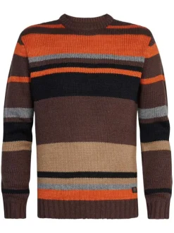 Pull marron rayé coupe droite avec un col rond et étiquette avec inscriptions