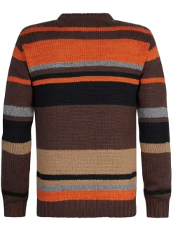 Pull marron rayé coupe droite avec un col rond et étiquette avec inscriptions