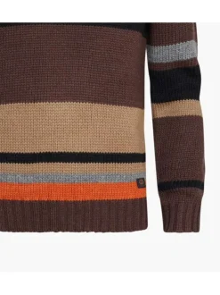 Pull marron rayé coupe droite avec un col rond et étiquette avec inscriptions