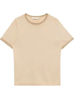 Pull Missy beige uni pourvu de manches courtes et d'un col rond