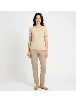 Pull Missy beige uni pourvu de manches courtes et d'un col rond