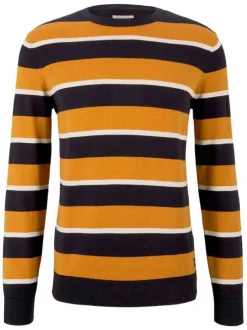 Pull moutarde en coton rayé coupe col rond