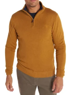 Pull moutarde uni à coupe droite, col montant et zippé et à manches longues