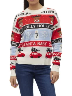 Pull multicolore à imprimé Noël à coupe droite, col rond et à manches longues