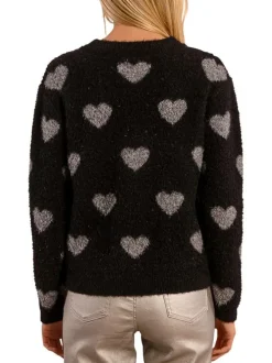 Pull noir avec imprimé coeurs gris à coupe droite et à col rond