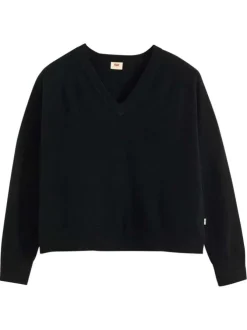 Pull noir avec un col v côtelé et des manches longues