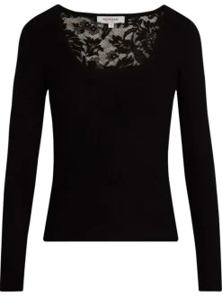 Pull noir côtelé à coupe près du corps et à dos en dentelle fleurie