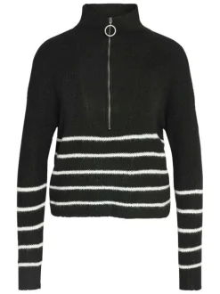 Pull noir côtelé et rayé avec une coupe droite et un col montant et zippé