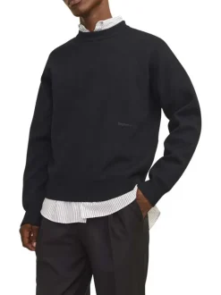 Pull noir en maille piquée à coupe droite et à col rond en bord-côte