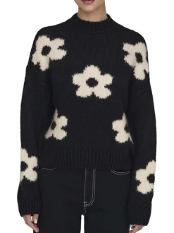 Pull noir et écru à manches longues orné d'un motif floral oversize