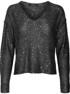 Pull noir fantaisie brodé de sequins argentés avec un léger col v