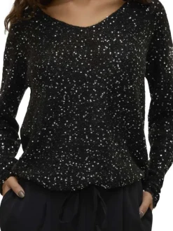 Pull noir fantaisie brodé de sequins argentés avec un léger col v