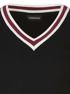Pull noir imprimé à col v avec une coupe moulante et des manches longues