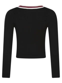 Pull noir imprimé à col v avec une coupe moulante et des manches longues