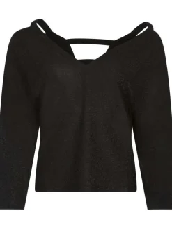 Pull noir léger, coupe ample, à col en V profond et à manche 3/4