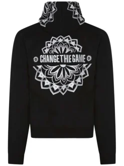 Pull noir à motifs avec une coupe droite à capuche et à manches longues