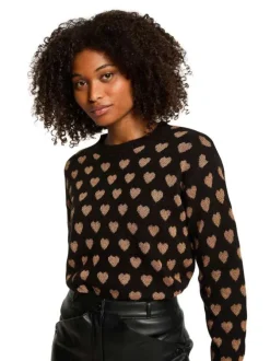 Pull noir à motifs coeurs avec une coupe droite et un col rond