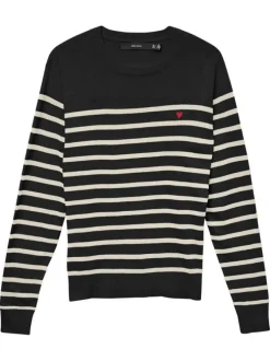 Pull noir à rayures blanches avec une coupe droite et un col rond