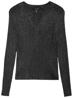Pull noir uni avec incrustation de fils lurex et col tunisien