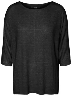 Pull noir uni avec une coupe droite et fluide avec un col rond et à manche 3/4