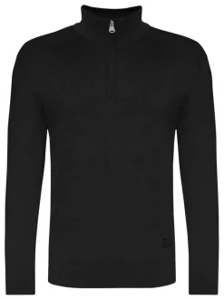Pull noir uni avec une coupe droite et un col camionneur à fermeture demi-zip