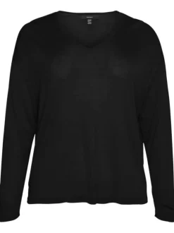 Pull noir uni avec une coupe droite un col en V et des manches longues