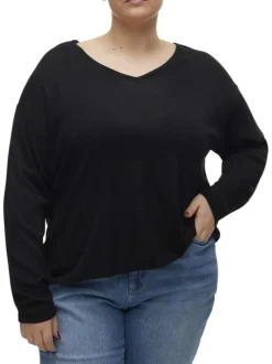 Pull noir uni avec une coupe droite un col en V et des manches longues
