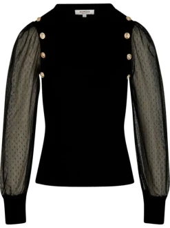 Pull noir uni à col rond pourvu de manches en tulle plumetis