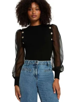 Pull noir uni à col rond pourvu de manches en tulle plumetis