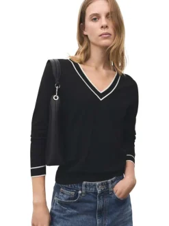 Pull noir uni à col v et à coupe droite avec des liserés blancs