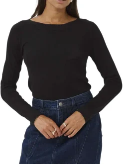 Pull noir uni coupe ajustée avec un col rond et des manches longues