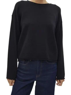 Pull noir uni à coupe ample avec un col rond et des manches longues