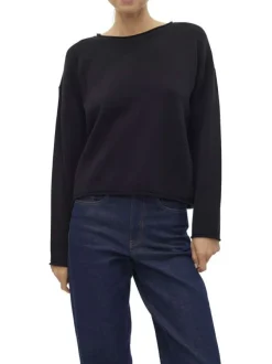 Pull noir uni à coupe ample avec un col rond et des manches longues