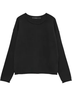 Pull noir uni à coupe ample avec un col rond et des manches longues