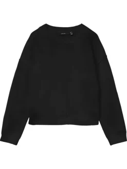 Pull noir uni à coupe droite avec un col rond et des manches longues