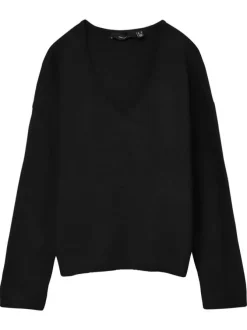 Pull noir uni à coupe droite avec un col v et des manches longues