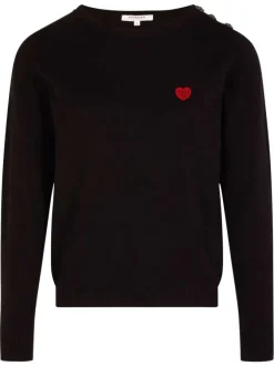 Pull noir uni à coupe droite, col rond et à manches longues et motif coeur