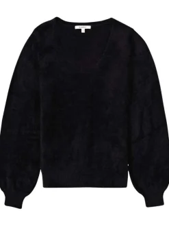 Pull noir uni en fausse fourrure avec col v et manches longues bishop